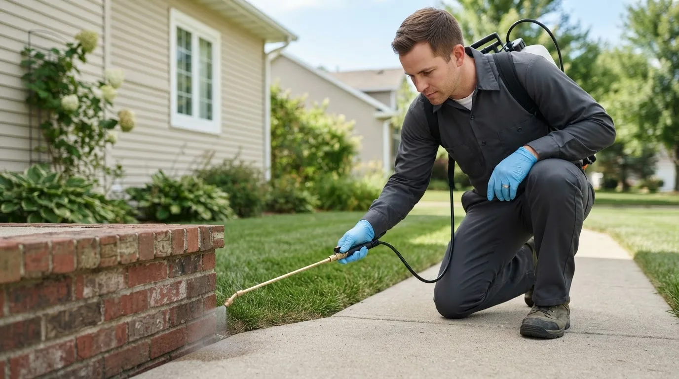Pest control technician treating a home near Mill Run, PA